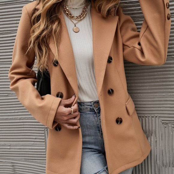 Classic Camel Double Breast Button up Jacket Coat - Picture 3 of 5